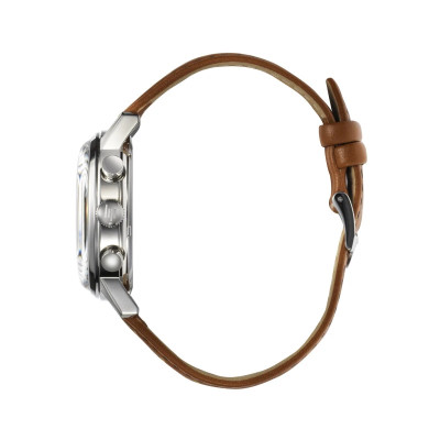 Vue profil de la Montre Lip Rallye Méca-Quartz Chronograph 40 Mm Cadran Noir Bracelet Cuir Marron montrant la couronne