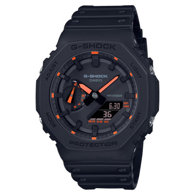 Vue intégrale de la montre Casio G-Shock GA-2100-1A4ER, cadran noir, aiguilles et index orange