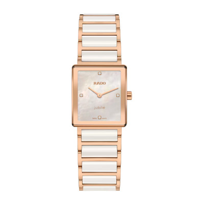 Photo montrant l'intégralité de la montre Rado Integral Diamonds, cadran en nacre blanc, bracelet or rose, céramique blanche
