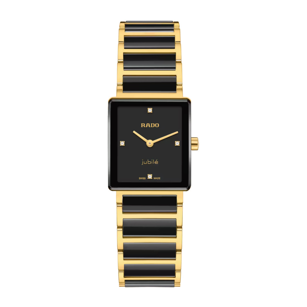 Photo montrant l'intégralité de la montre Rado Integral Diamonds, cadran noir, bracelet bicolore noir et or.