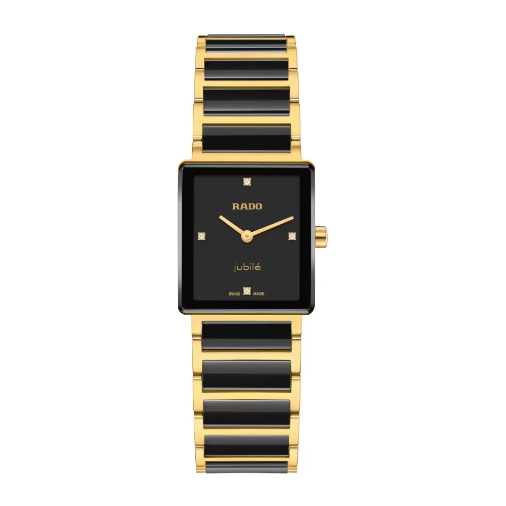 Photo montrant l'intégralité de la montre Rado Integral Diamonds, cadran noir, bracelet bicolore noir et or.