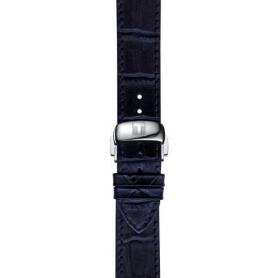 Vue de la boucle de la montre Tissot Le Locle 39mm, cadran bleu, boîtier argent, bracelet cuir bleu.