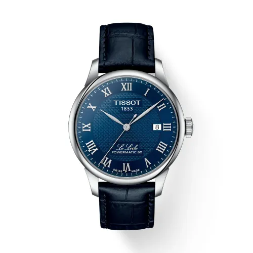 Photo montrant l'intégralité de la montre Tissot Le Locle 39mm, cadran bleu, boîtier argent, bracelet cuir bleu.