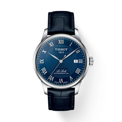 Photo montrant l'intégralité de la montre Tissot Le Locle 39mm, cadran bleu, boîtier argent, bracelet cuir bleu.