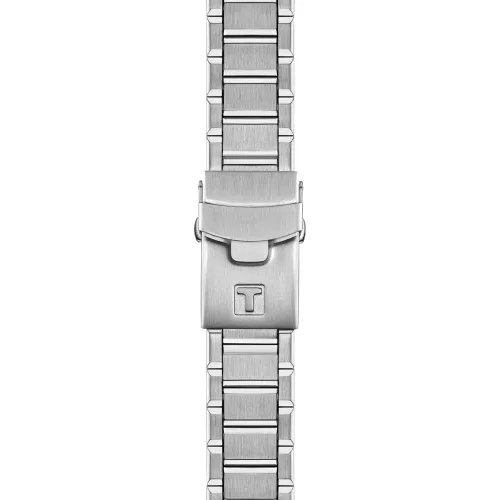 Photo montrant l'intégralité de la montre Tissot T-Race 41mm, cadran bleu, boîtier argent, bracelet métal argent.