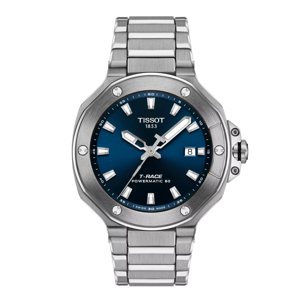 Photo montrant l'intégralité de la montre Tissot T-Race 41mm, cadran bleu, boîtier argent, bracelet métal argent.