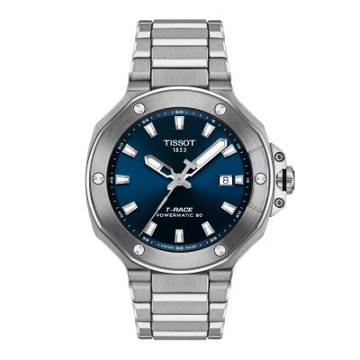 Photo montrant l'intégralité de la montre Tissot T-Race 41mm, cadran bleu, boîtier argent, bracelet métal argent.