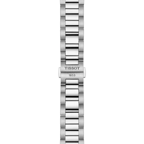 Photo montrant l'intégralité de la montre Tissot PR 100 40mm, cadran bleu et blanc, bracelet bicolore argent.