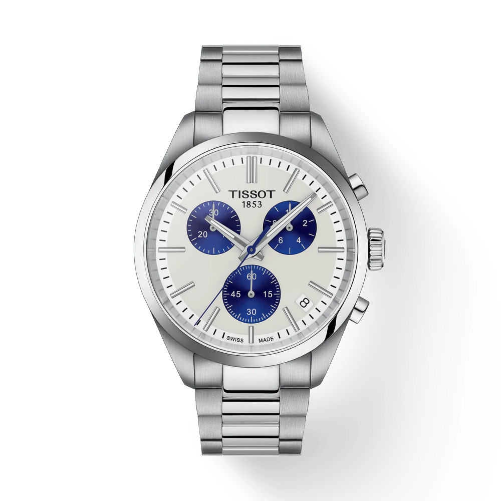 Photo montrant l'intégralité de la montre Tissot PR 100 40mm, cadran bleu et blanc, bracelet bicolore argent.
