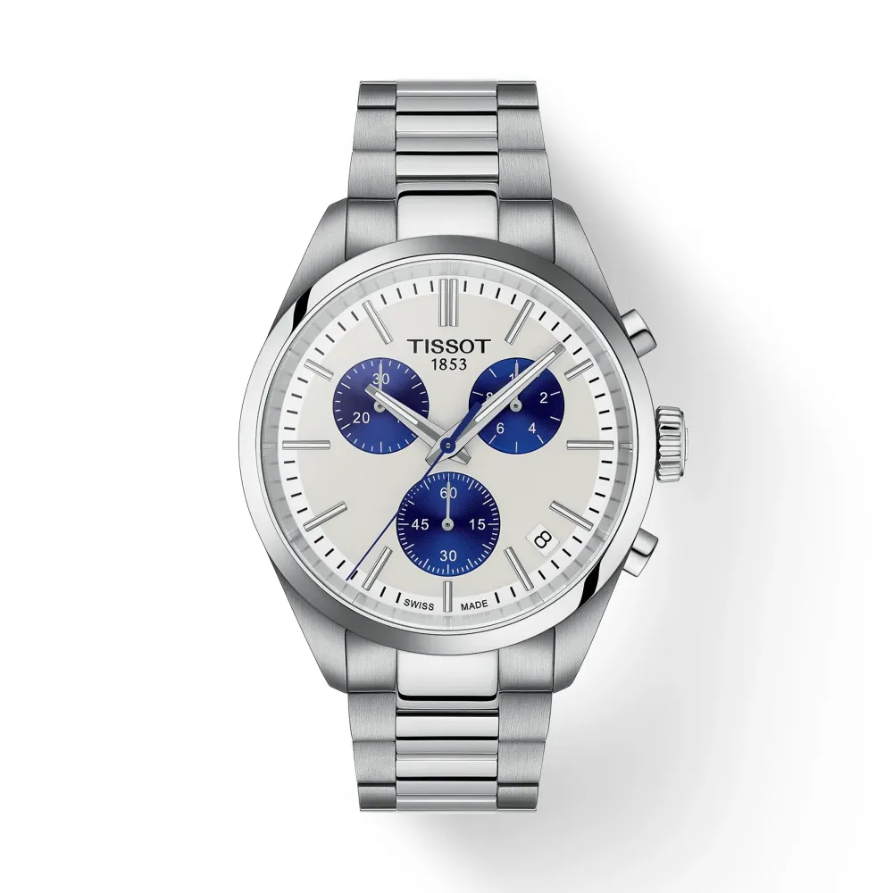 Photo montrant l'intégralité de la montre Tissot PR 100 40mm, cadran bleu et blanc, bracelet bicolore argent.