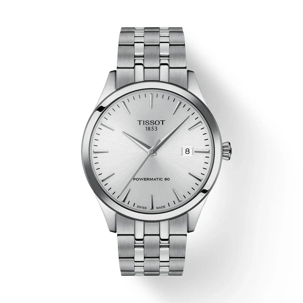 Photo montrant l'intégralité de la montre Tissot Classic Dream 40mm, cadran et bracelet argent