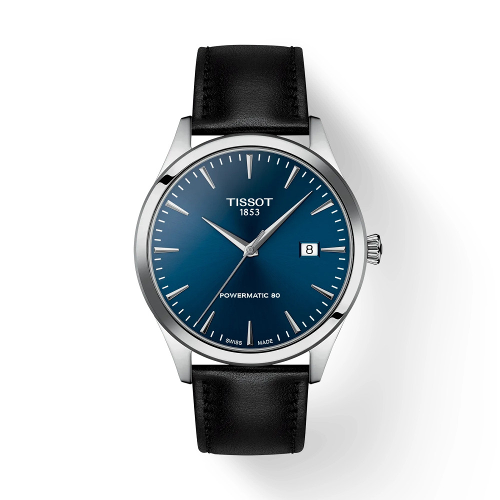 Photo montrant l'intégralité de la montre Tissot Classic Dream 40mm, cadran blue, bracelet cuir noir.