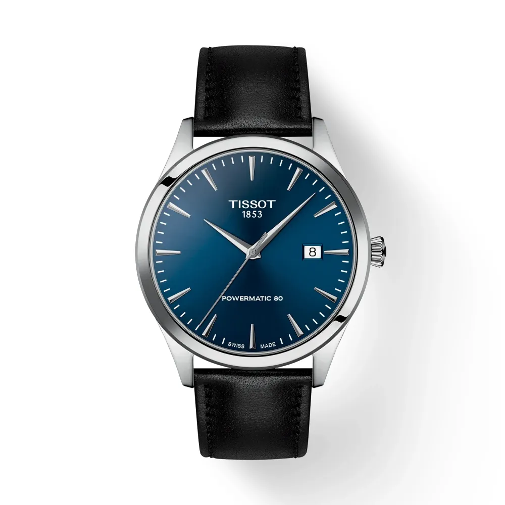 Photo montrant l'intégralité de la montre Tissot Classic Dream 40mm, cadran blue, bracelet cuir noir.