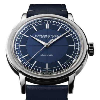 Zoom détaillé sur la montre Montre Raymond Weil Millesime Small Seconds 35 mm, cadran bleu bracelet cuir bleu