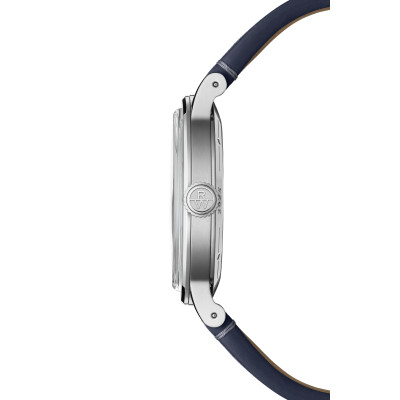 Vue profil de la montre Montre Raymond Weil Millesime Small Seconds 35 mm, cadran bleu bracelet cuir bleu