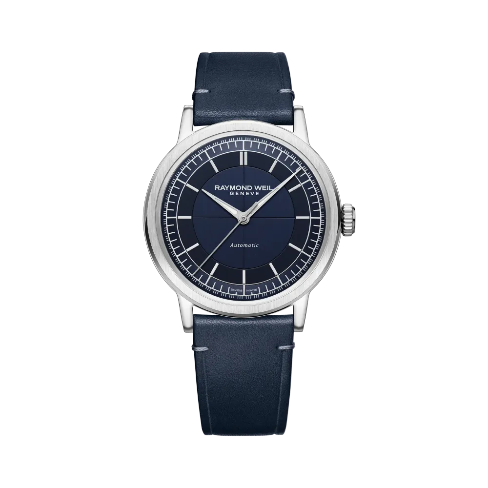 MONTRE RAYMOND WEIL MILLESIME SMALL SECONDS 35 MM, CADRAN BLEU BRACELET CUIR BLEU