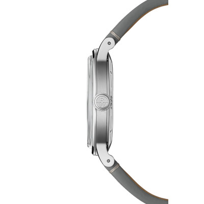 Vue profil de la montre Montre Raymond Weil Millesime Small Seconds 35 mm, cadran gris bracelet cuir gris