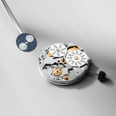 Vue du mécanisme intérieur de la montre Montre Raymond Weil Freelancer Complete Calendar, Cadran Bleu, Bracelet Métal.