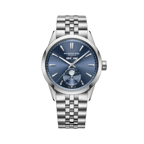 Photo montrant l'intégralité de la montre Montre Raymond Weil Freelancer Complete Calendar, Cadran Bleu, Bracelet Métal.