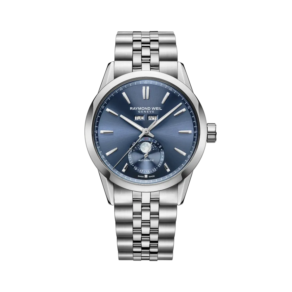 Photo montrant l'intégralité de la montre Montre Raymond Weil Freelancer Complete Calendar, Cadran Bleu, Bracelet Métal.