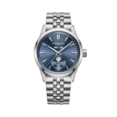 Photo montrant l'intégralité de la montre Montre Raymond Weil Freelancer Complete Calendar, Cadran Bleu, Bracelet Métal.