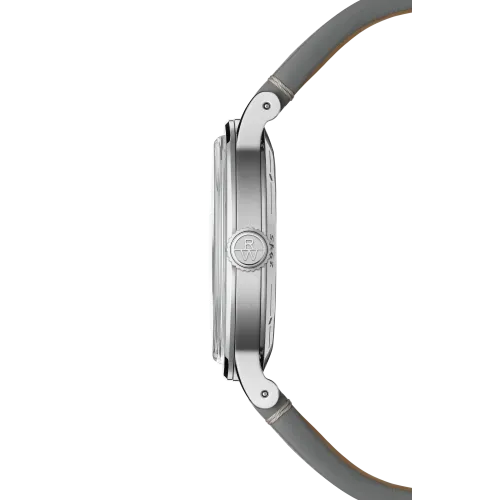 Photo montrant l'intégralité de la montre Montre Raymond Weil Millesime Moonphase, cadran gris bracelet cuir gris.