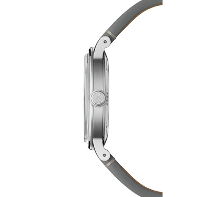 Vue profil de la montre Montre Raymond Weil Millesime Moonphase, cadran gris bracelet cuir gris.