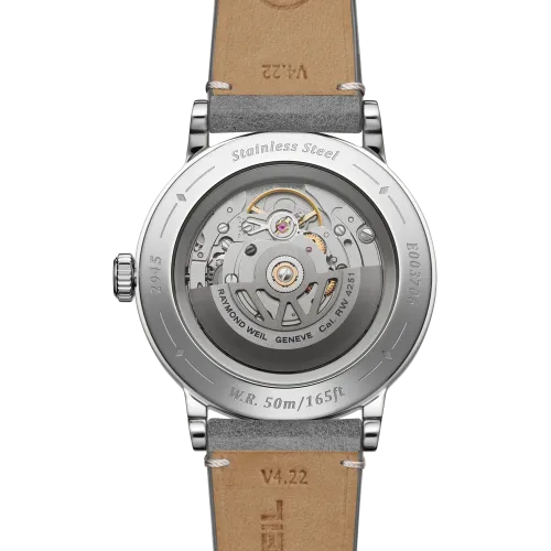 Photo montrant l'intégralité de la montre Montre Raymond Weil Millesime Moonphase, cadran gris bracelet cuir gris.
