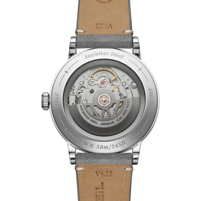 Vue de dos de la montre Montre Raymond Weil Millesime Moonphase, cadran gris bracelet cuir gris.