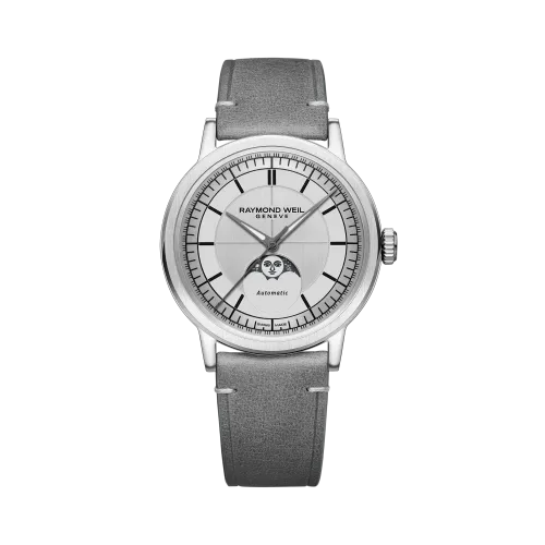Photo montrant l'intégralité de la montre Montre Raymond Weil Millesime Moonphase, cadran gris bracelet cuir gris.