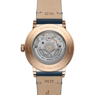 Vue de dos de la montre Montre Raymond Weil Millesime Moonphase, Cadran Argenté, Bracelet Cuir Bleu Marine