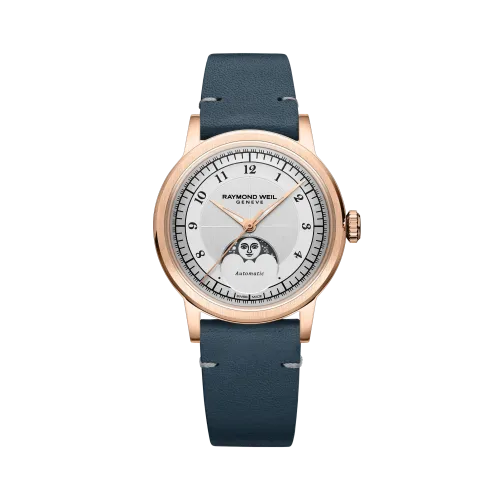 Photo montrant l'intégralité de la montre Montre Raymond Weil Millesime Moonphase, Cadran Argenté, Bracelet Cuir Bleu Marine