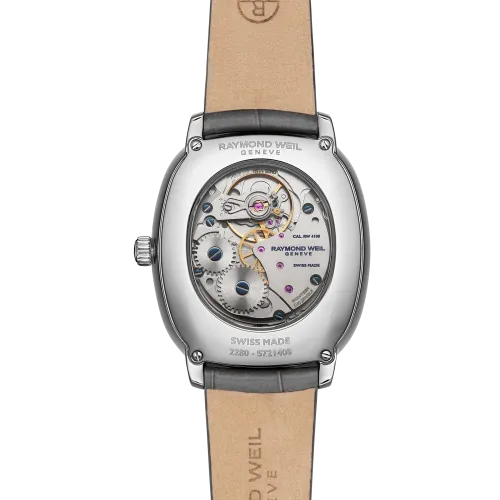 MONTRE RAYMOND WEIL TOCCATA HERITAGE, CADRAN ARGENT VIEILLI, BRACELET CUIR GRIS