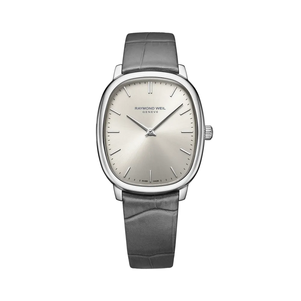 MONTRE RAYMOND WEIL TOCCATA HERITAGE, CADRAN ARGENT VIEILLI, BRACELET CUIR GRIS