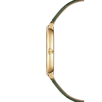 Vue profil de la montre Raymond Weil Toccata Heritage, cadran argent vieilli, bracelet cuir vert