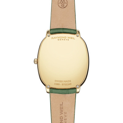 Vue de dos de la montre Raymond Weil Toccata Heritage, cadran argent vieilli, bracelet cuir vert