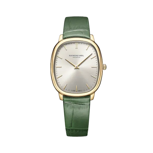 MONTRE RAYMOND WEIL TOCCATA HERITAGE, CADRAN ARGENT VIEILLI, BRACELET CUIR VERT