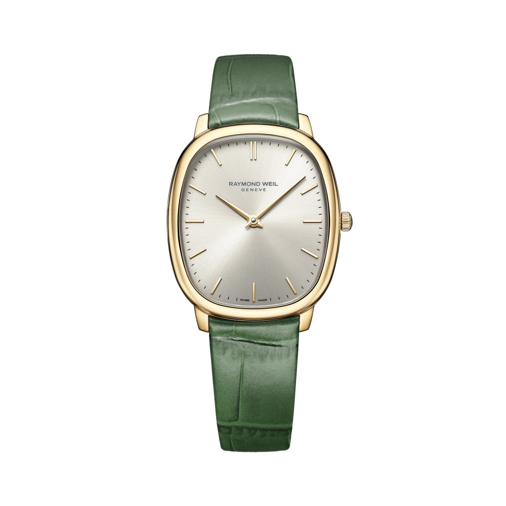 MONTRE RAYMOND WEIL TOCCATA HERITAGE, CADRAN ARGENT VIEILLI, BRACELET CUIR VERT