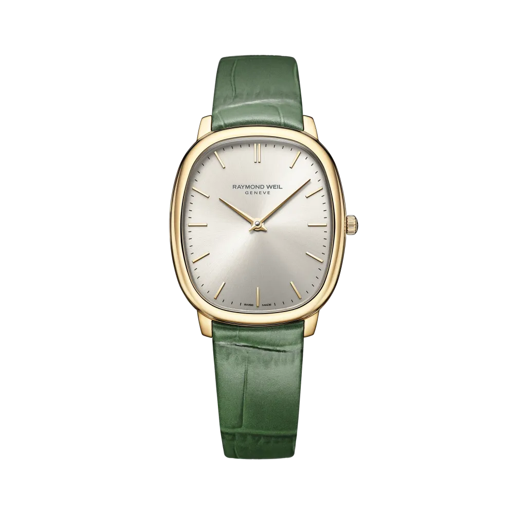 MONTRE RAYMOND WEIL TOCCATA HERITAGE, CADRAN ARGENT VIEILLI, BRACELET CUIR VERT