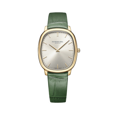 MONTRE RAYMOND WEIL TOCCATA HERITAGE, CADRAN ARGENT VIEILLI, BRACELET CUIR VERT