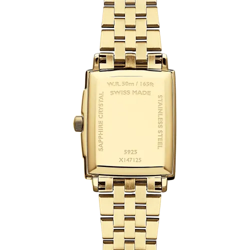 Photo montrant l'intégralité de la montre Raymond Weil Toccata carrée, cadran nacré, bracelet en or jaune