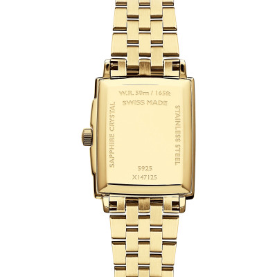 Vue de dos de la montre Raymond Weil Toccata carrée, cadran nacré, bracelet en or jaune