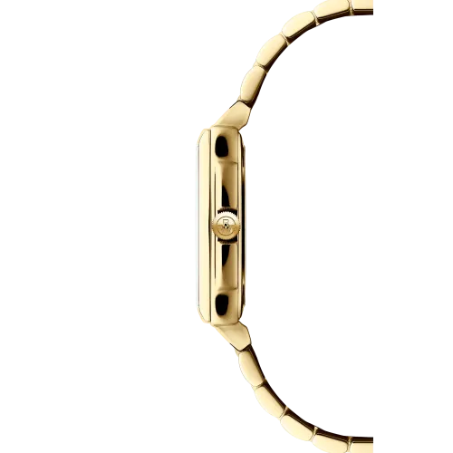 Photo montrant l'intégralité de la montre Raymond Weil Toccata carrée, cadran nacré, bracelet en or jaune