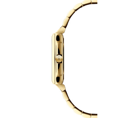 Vue profil de la montre Raymond Weil Toccata carrée, cadran nacré, bracelet en or jaune