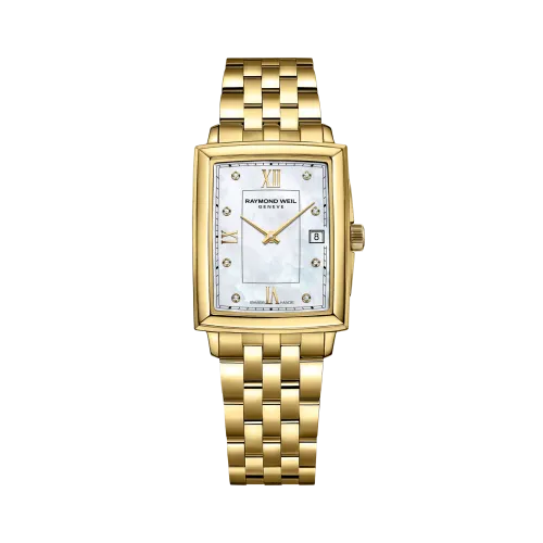 Photo montrant l'intégralité de la montre Raymond Weil Toccata carrée, cadran nacré, bracelet en or jaune