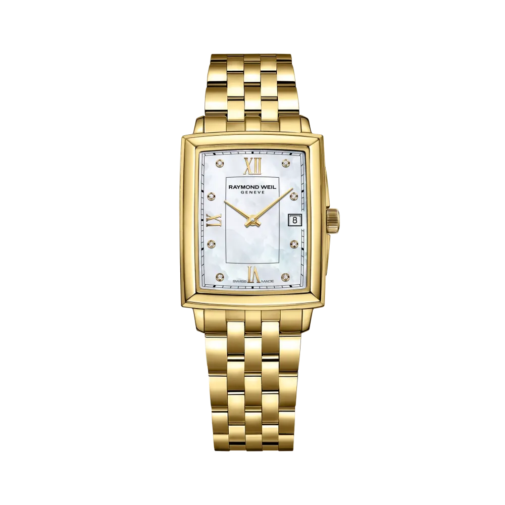 Photo montrant l'intégralité de la montre Raymond Weil Toccata carrée, cadran nacré, bracelet en or jaune