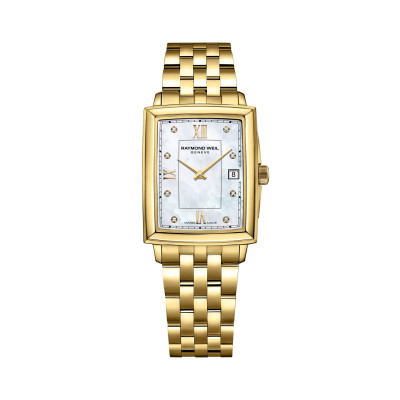 Photo montrant l'intégralité de la montre Raymond Weil Toccata carrée, cadran nacré, bracelet en or jaune