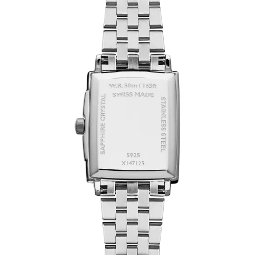 Photo montrant l'intégralité de la montre Raymond Weil Toccata carrée, cadran blanc, bracelet argenté