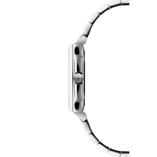 Photo montrant l'intégralité de la montre Raymond Weil Toccata carrée, cadran blanc, bracelet argenté