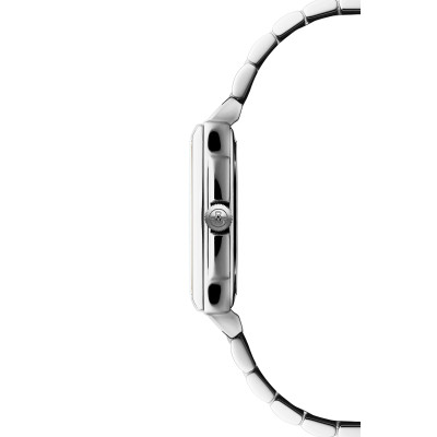 Vue profil de la montre Raymond Weil Toccata carrée, cadran blanc, bracelet argenté